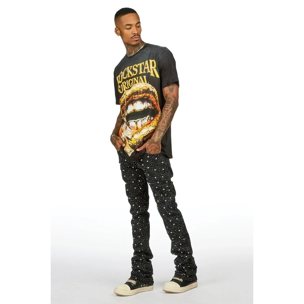 Rockstar Original Jeans RSM 205 Stacked Flare Black Rhinestone Raw Hem Urban 32